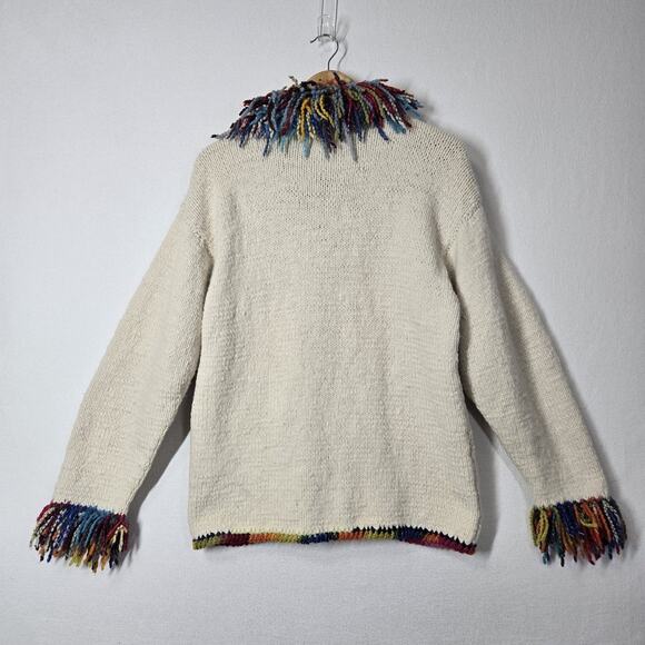 The Sweater Venture Hand Knit Wool Alpaca Cardigan Ivory Multi Fringe Zip Front - Picture 9 of 15
